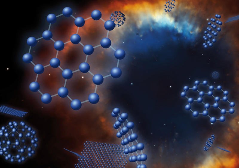 Concepción artística del grafeno, Buckyballs y el C70 superpuestos a una imagen de la nebulosa planetaria Helix, una nube de materia en expansión expelida por una estrella moribunda.
